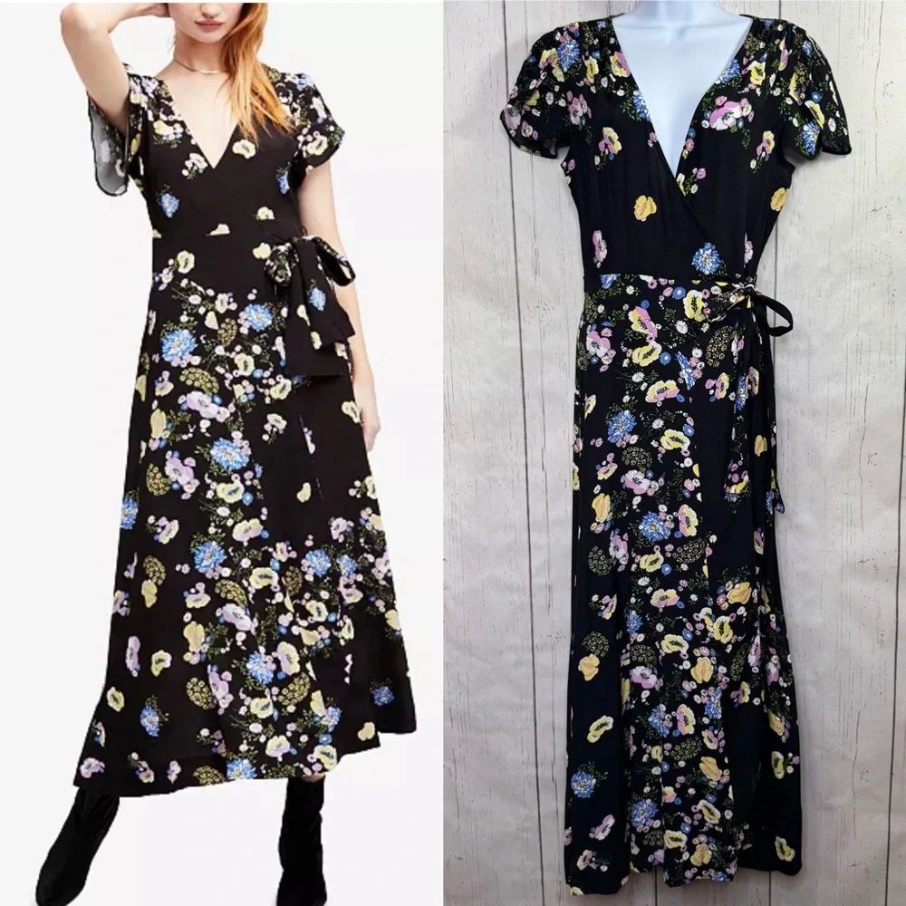 Free People Floral Wrap Maxi Dress Black XS Boho Romantic V Neck Flutter Sleeve